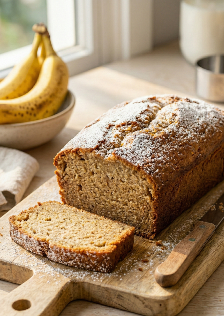 A loaf of moist banana bread without brown sugar on a wooden cutting board