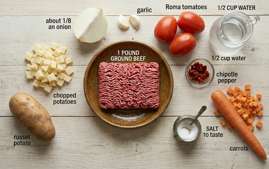 Plate of ingredients with beef, potatoes, carrots, onion, chipotle and spices Learn how to make picadillo mexicano in under 30 minutes! This easy, authentic recipe features savory ground beef, potatoes, and smoky chipotle.