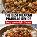 Top-down view of a vertical image showing a bowl of rice topped with hearty Ground Beef Picadillo and potatoes on a rustic wooden table.