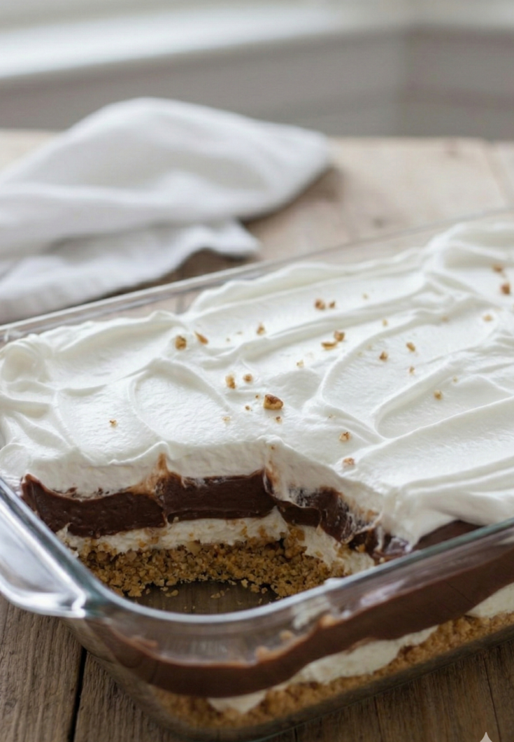A 9x13 glass baking dish filled with a 4-layer chocolate pudding dessert on a wooden surface, topped with whipped topping and pecan bits.