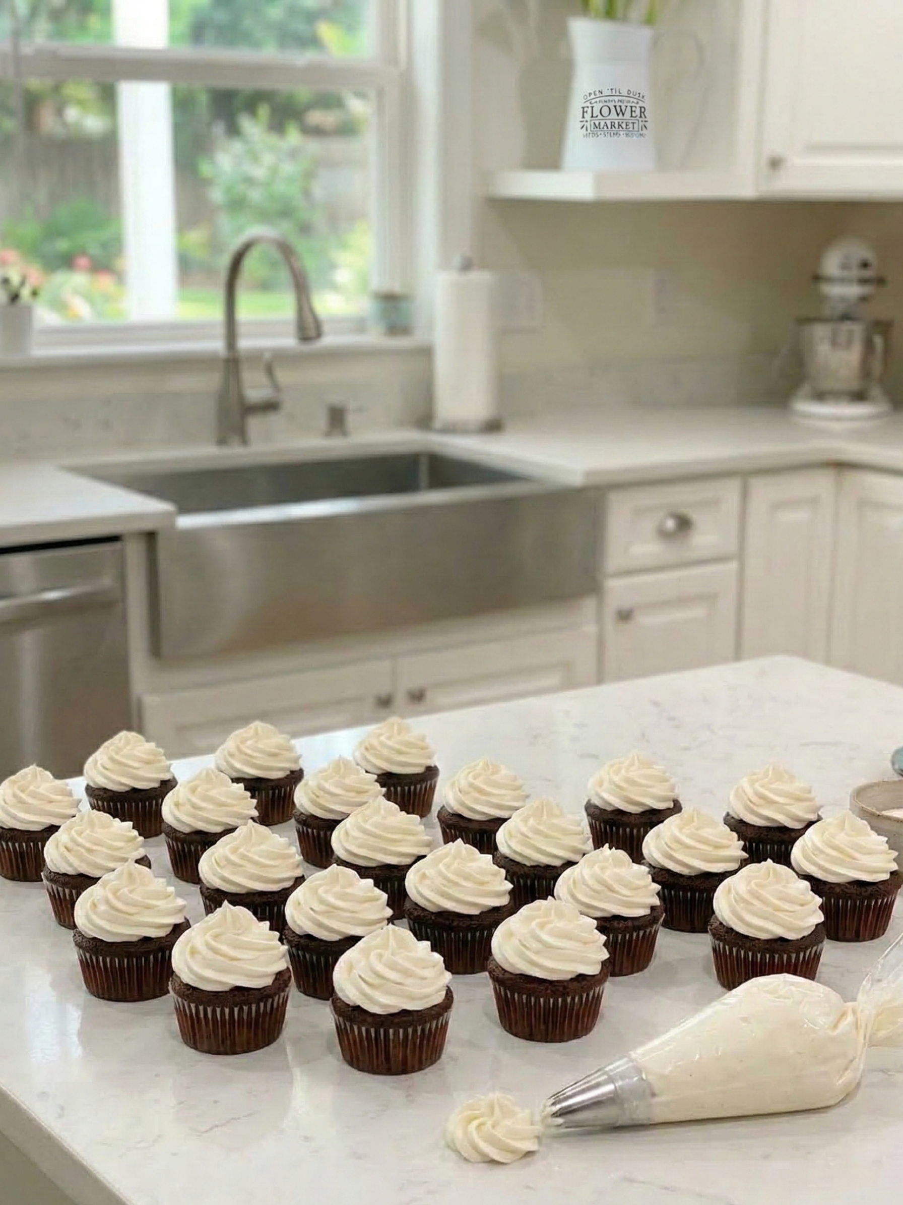 A long view of chocolate cupcakes on a white marble kitchen island with a clear piping bag filled with vanilla frosting in the foreground.