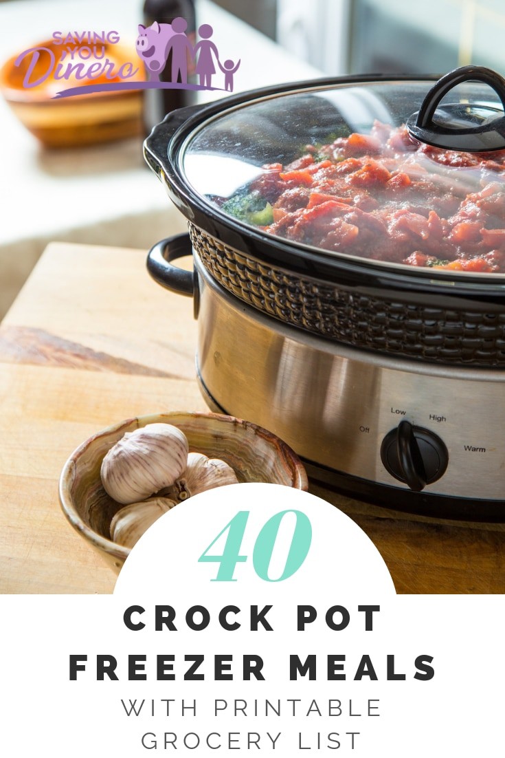 Make dinner time easier with this list of 40 Crock Pot Freezer Meals. The recipes are in sets of 5 and include a printable shopping list. They are easy, cheap and kid friendly. The list includes beef, pork and, chicken dinners. You just dump and go. They are great recipes for new moms. 