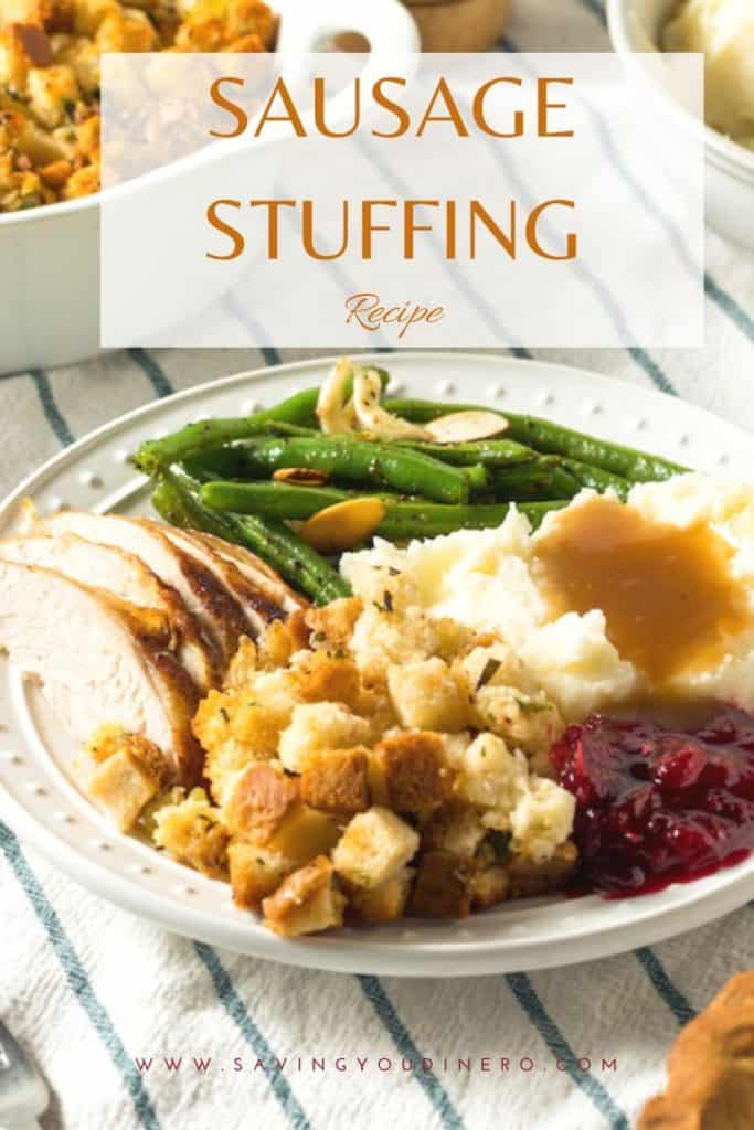 Your family will love this easy Thanksgiving stuffing recipe that is made with sausage. It only has 4 ingredients + spices! It is semi-homemade with Pepperidge Farms stuffing. You can stuff it in the turkey or bake it separately in a casserole dish. It's also perfect for Christmas dinner. I love it because it's a unique and simple recipe! 