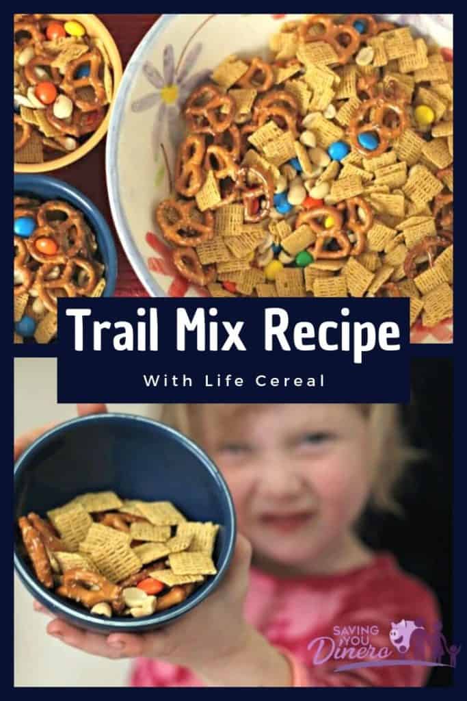 Easy homemade trail mix recipe for kids with M&Ms! It has just a few ingredients and you can customize it! It's a little sweet and could be made nut-free. It's not the typical Chex trail mix! And it's cheap if you stock up on cereal!