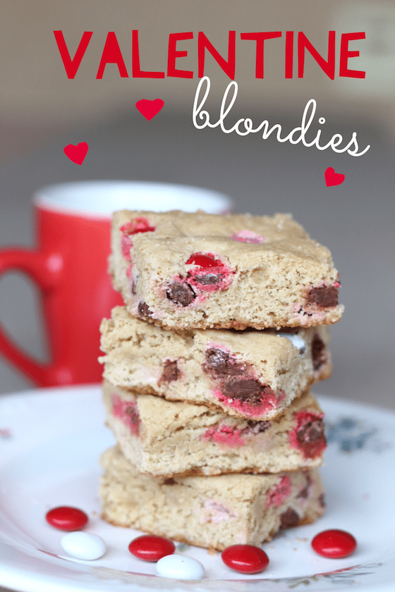 Grab your kids and whip up a batch of these delicious Valentine's Day Blondies! They are so simple and looks so pretty with M&Ms. 