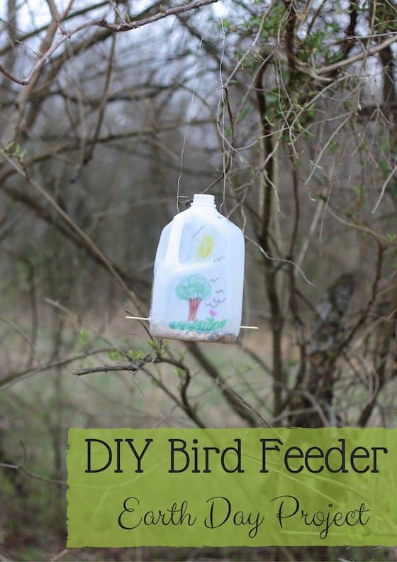 To celebrate Earth Day, recycle your Gallon Jug and make a DIY bird​ feeder with your kids! The birds will love it.