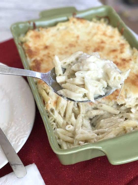 You will love this Chicken Alfredo Bake recipe. The alfredo sauce is so easy to make and it's delicious! Perfect for a cold night. It's a great recipe for a crowd!