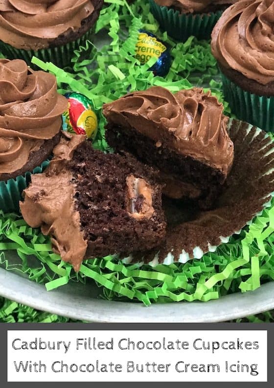 Cadbury Filled Chocolate Cupcakes With Chocolate Butter Cream Icing - This is a delicious cake filled with mini Cadbury Eggs. It's a really fun dessert for Easter. #Easter