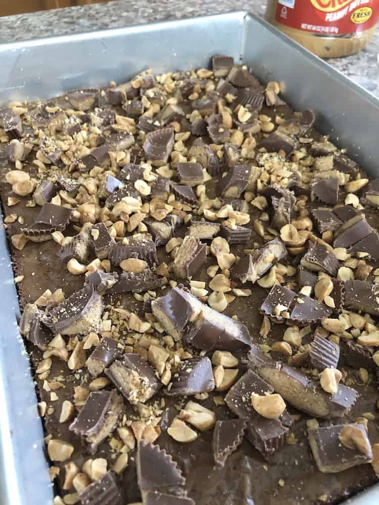 This is the Best Brownie Recipe! They are <span style='background-color:none;'>fudgy brownies</span><span style='background-color:none;'> </span>made in a 9x13 pan topped with peanut butter cups, peanuts, and a Rice Krispy mixture made with more peanut butter and chocolate! It's super easy because you can use any boxed brownie mix. 