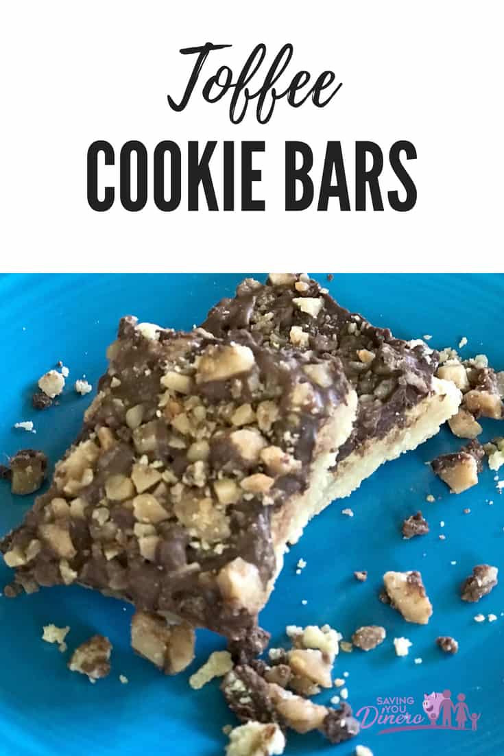 These Easy Toffee Cookie Bars are the perfect dessert. This is a lazy recipe for a crowd that is made with Heath toffee pieces, chocolate chips, and more. This is the best dessert. 