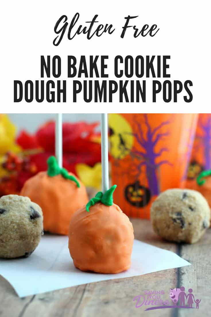 Check out this glue free no bake cookie dough pumpkin pops recipe. It's also eggless. Your kids will love it and it's really easy. It's the perfect Halloween treat! #GlutenFree #Dessert #cakepop #Halloween