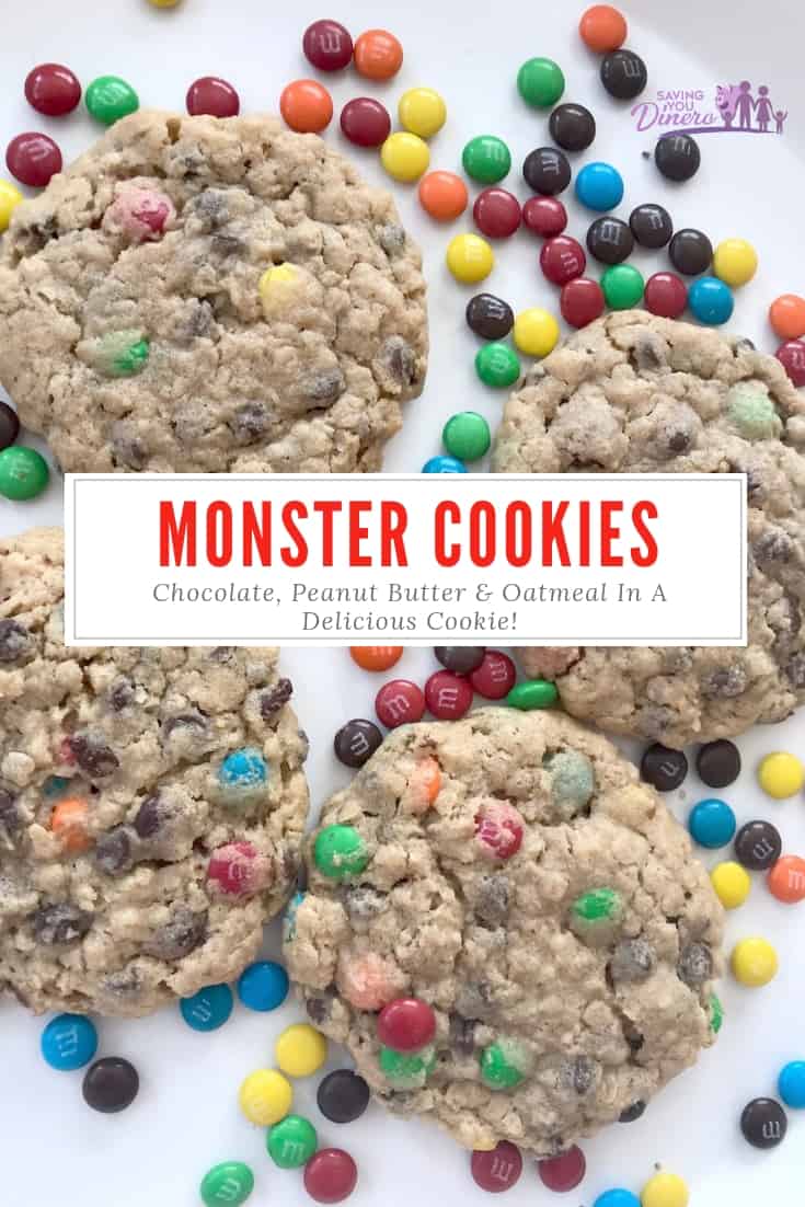 This is a really easy recipe for Monster Cookies. It has Peanut Butter, Chocolate Chips, and Oatmeal flavors with M&Ms candies. Make them for Christmas or with leftover Halloween candy. #Cookies #chocolate #MMS #holidaybaking #ChristmasBaking #ChristmasCookies