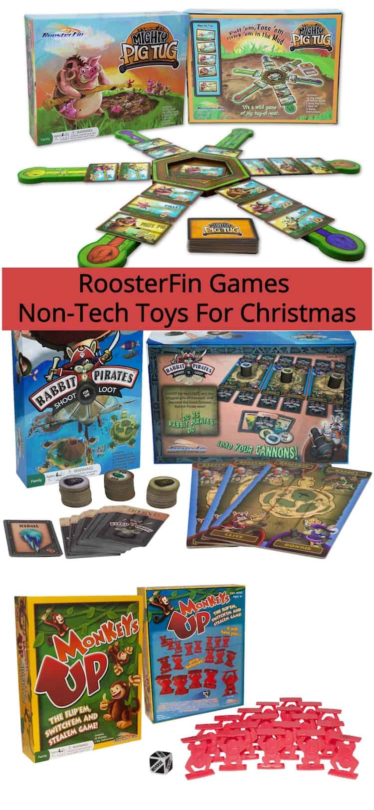Check out these non-tech Christmas gifts for kids. RoosterFin Board games are fun for the whole family. Spend more time playing together! 