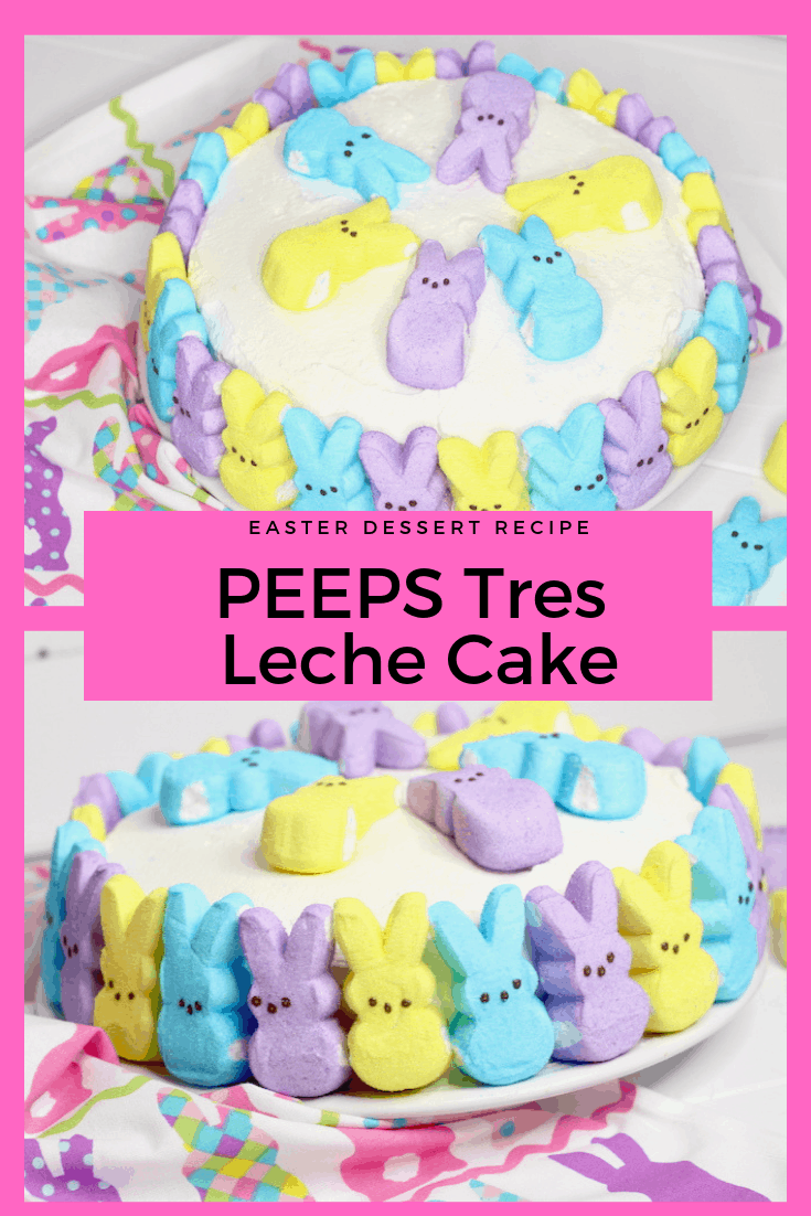 Easter Dessert Recipe - PEEPS Tres Leche Cake. Here is a fun Easter Recipe with Peeps bunnies. You could also use the chicks. It's a homemade cake recipe that will be the centerpiece of your easter brunch or dinner. I love recipes that use bright colors! 
