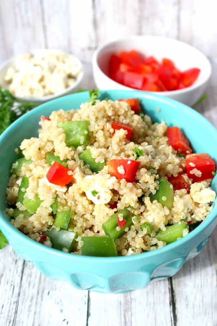 Quinoa Recipes - Check out this recipe to make an easy Greek Quinoa Salad. It's a healthy vegetarian side dish you can bring to a BBQ or party.