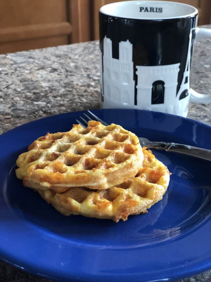 Keto Bacon, Egg, & Cheese Chaffles are so easy - mix the ingredients, add them to the waffle maker, cook for 2:30 and it's done!