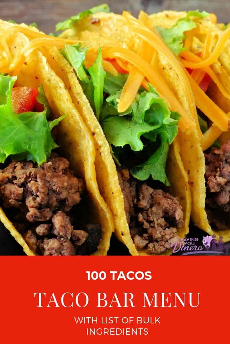 This easy taco bar party menu is great for a crowd. Set up a simple buffet for 100 tacos. If you need ideas to serve a crowd this is easy and budget friendly. I have told you the ingredients you need to feed a crowd. You can customize your taco bar and add other ingredients! 