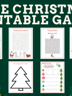 Free Christmas Game Printables for Kids including I Spy, Christmas Maze, Christmas Crossword Puzzle, and Christmas Word Search.