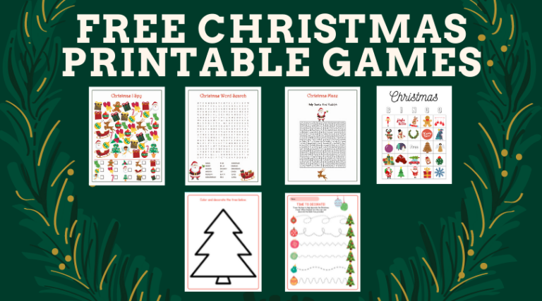 Free Christmas Game Printables for Kids including I Spy, Christmas Maze, Christmas Crossword Puzzle, and Christmas Word Search.