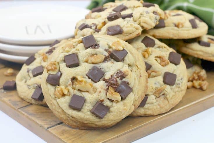 Enjoy this recipe for huge and thick bakery cookies with lots of chocolate chips that have golden brown edges with ooey and gooey centers!