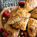 Golden Raspberry White Chocolate Scones baked until lightly crisp with fresh raspberries and white chocolate.