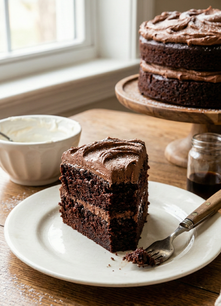 Close up of a piece of chocolate cake that was made with a box cake mix hack.
