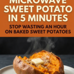 Sweet potato on a plate that was cooked quickly in the microwave.