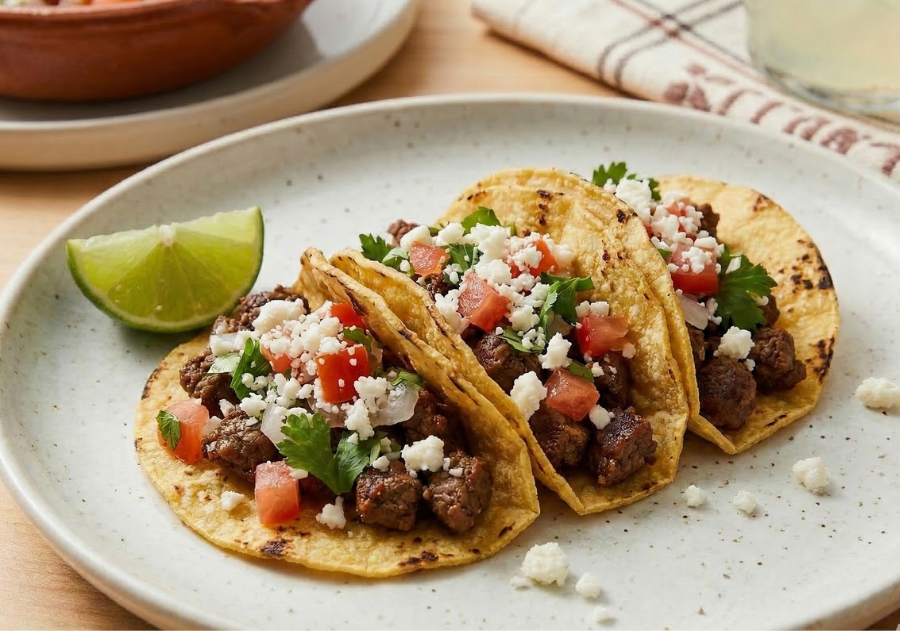 Carne Picada Tacos on a plate with a lime.