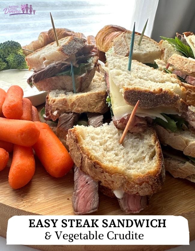 This Easy Steak Sandwich Recipe + Vegetable Crudite is the perfect party food! It's so easy and the sourdough bread is perfect with the steak and provolone cheese.