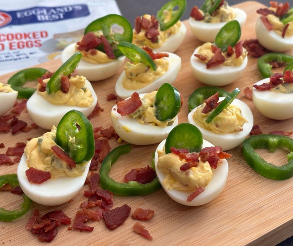 Upgrade your deviled eggs recipe - Try Jalapeño Popper Deviled Eggs. This shortcut recipe is so easy and flavorful!