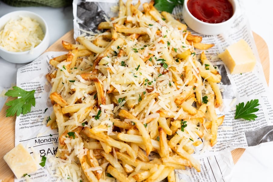 Crispy Parmesan Truffle Fries made in the air fryer. Golden, flavorful, and perfect as a snack or side dish—ready in under an hour!