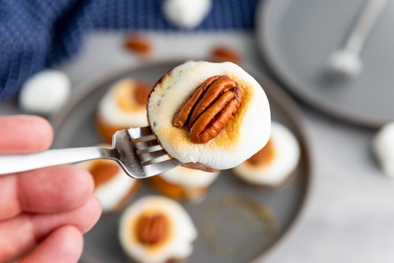Easy sweet potato bites made with toasted marshmallows and pecans. The perfect holiday appetizer will be your favorite sweet potato recipes.