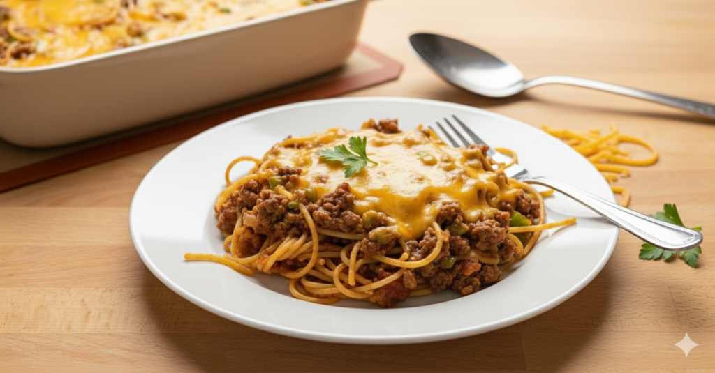 Make the best Spaghetti Casserole Recipe! This easy casserole is a cheesy pasta bake that’s perfect for busy weeknight dinners.