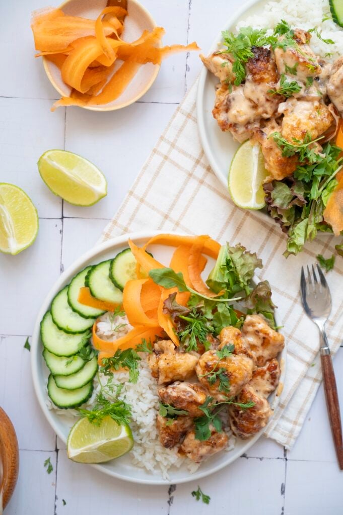 Try this Bang Bang Chicken recipe! A crispy Bang Bang Chicken bowl with a creamy Bang Bang Chicken sauce and fresh rice.