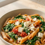 Bowl of Spinach and Feta Pasta with fresh spinach, garlic, and feta for a delicious, easy, and healthy dinner.