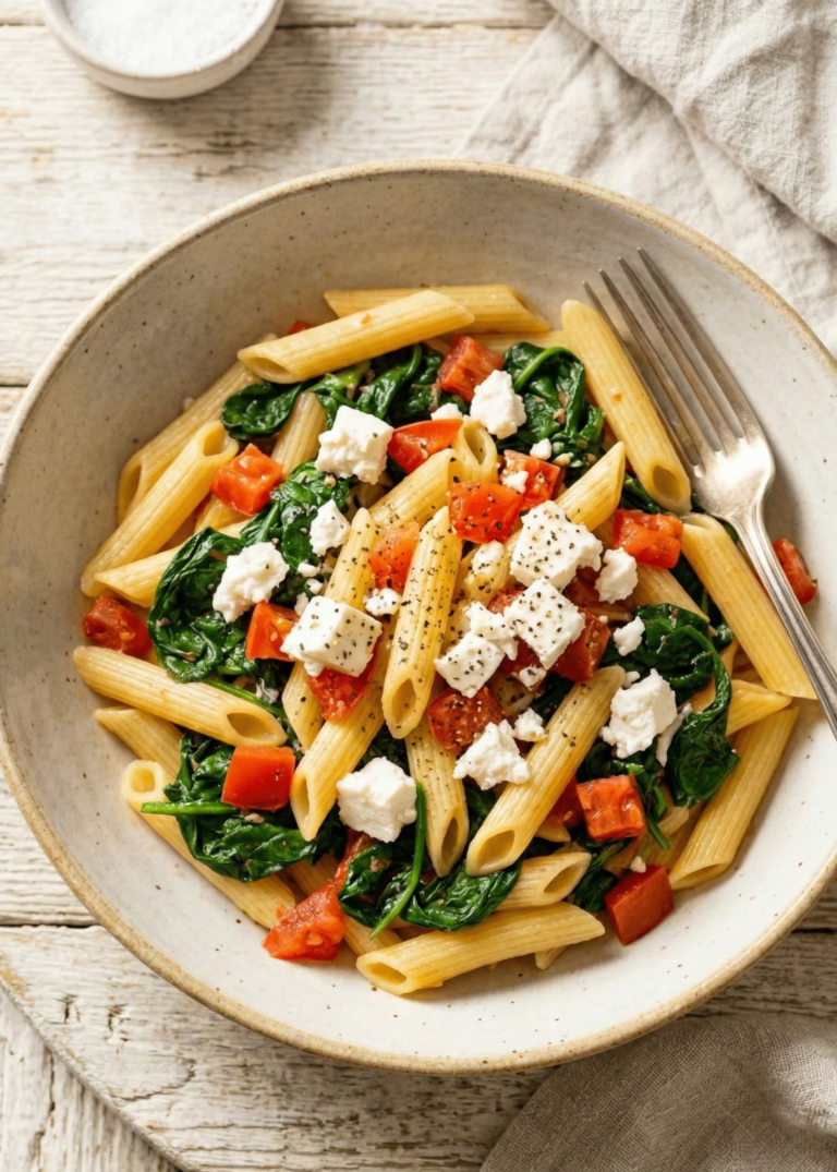Close up of a bowl of Spinach Feta pasta