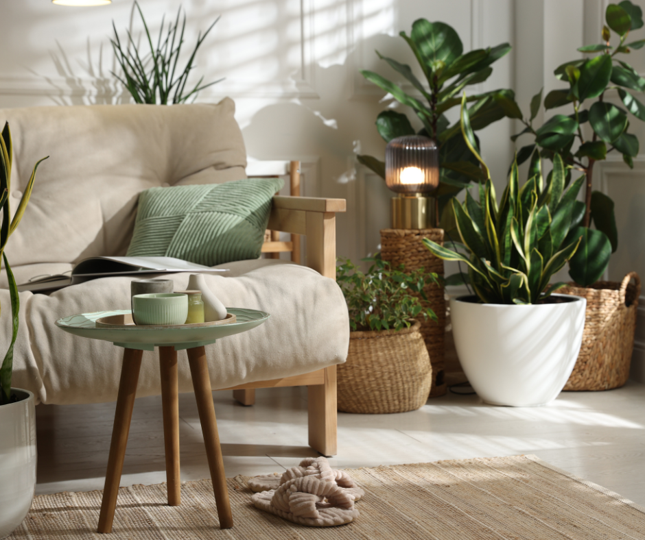 Close-up of a living room corner focused on greenery and texture. A light beige sofa sits next to a variety of indoor plants in white and wicker pots, including a snake plant and fiddle leaf fig. A small wooden side table holds a modern glass lamp and decorative ceramic bowls.
