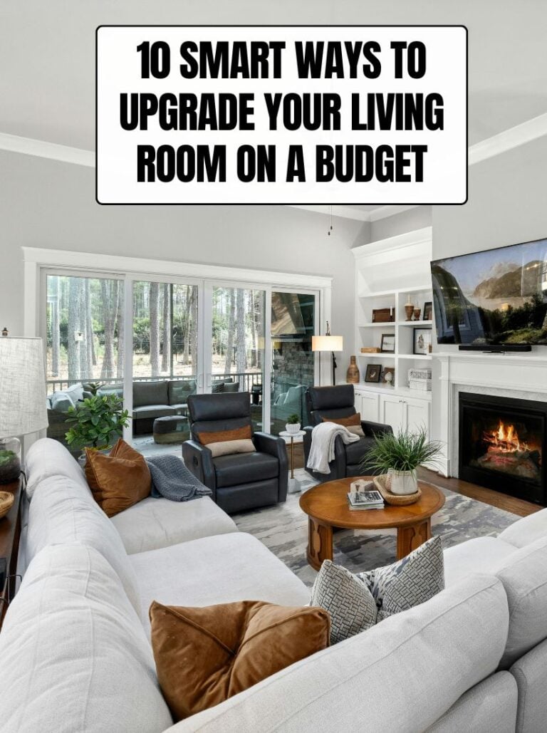 A high-angle view of a stylish living room with a large white sectional, round wooden coffee table, and a fireplace. A white text box overlay reads "10 Smart Ways to Upgrade Your Living Room on a Budget." Large sliding glass doors lead to an outdoor patio.