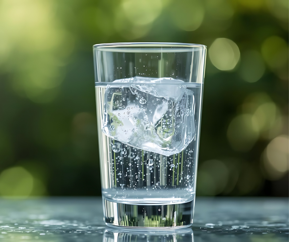 Close-up shot of a single glass of clear sparkling water with a large, oddly-shaped ice cube against a blurred green bokeh background.