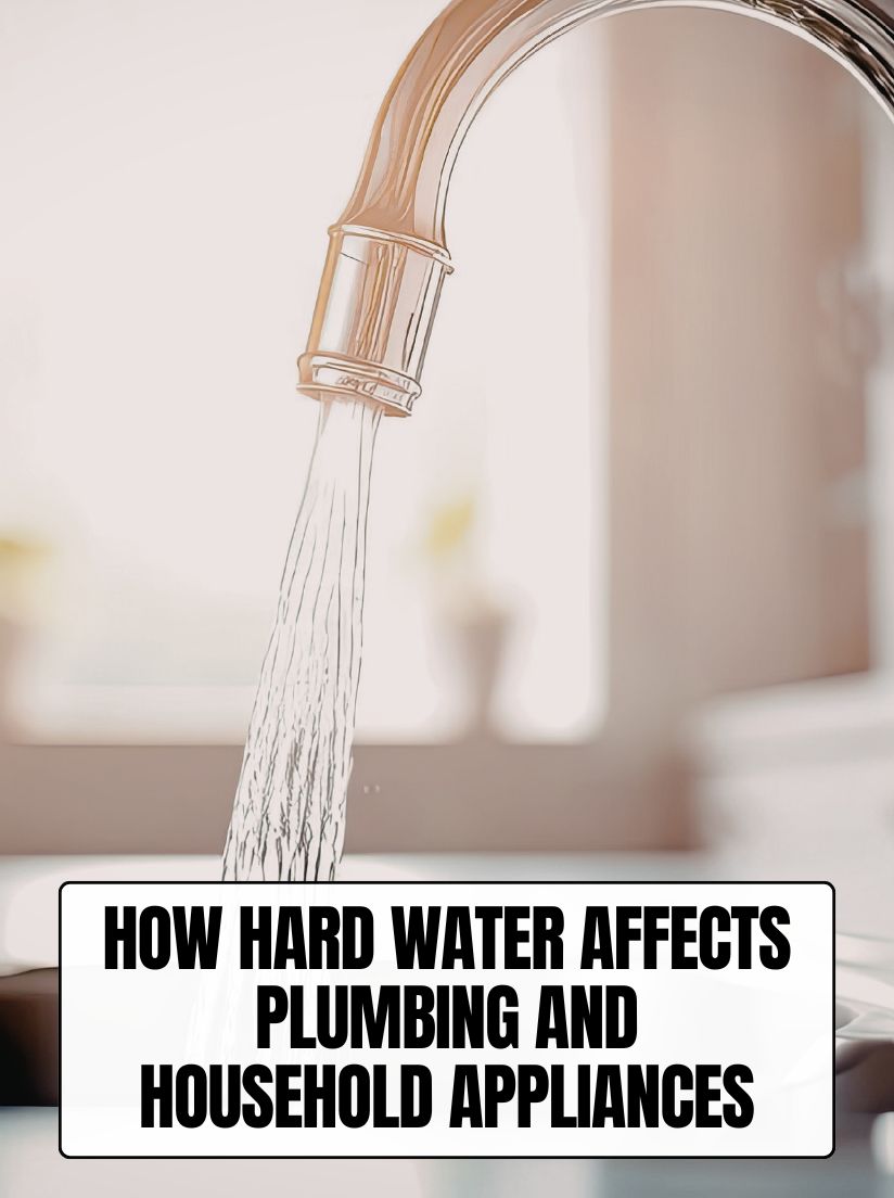 Modern kitchen faucet with water running and a text box overlay reading "How Hard Water Affects Plumbing and Household Appliances.