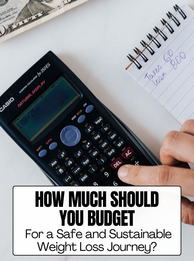 An overhead shot of a hand using a scientific calculator next to a notepad, featuring the title "How Much Should You Budget For a Safe and Sustainable Weight Loss Journey?"