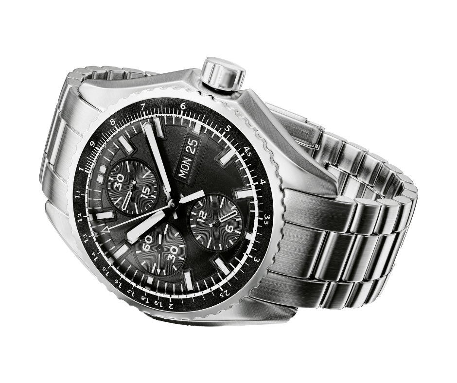 Luxury stainless steel chronograph watch—a perfect surface for custom metal engraving.