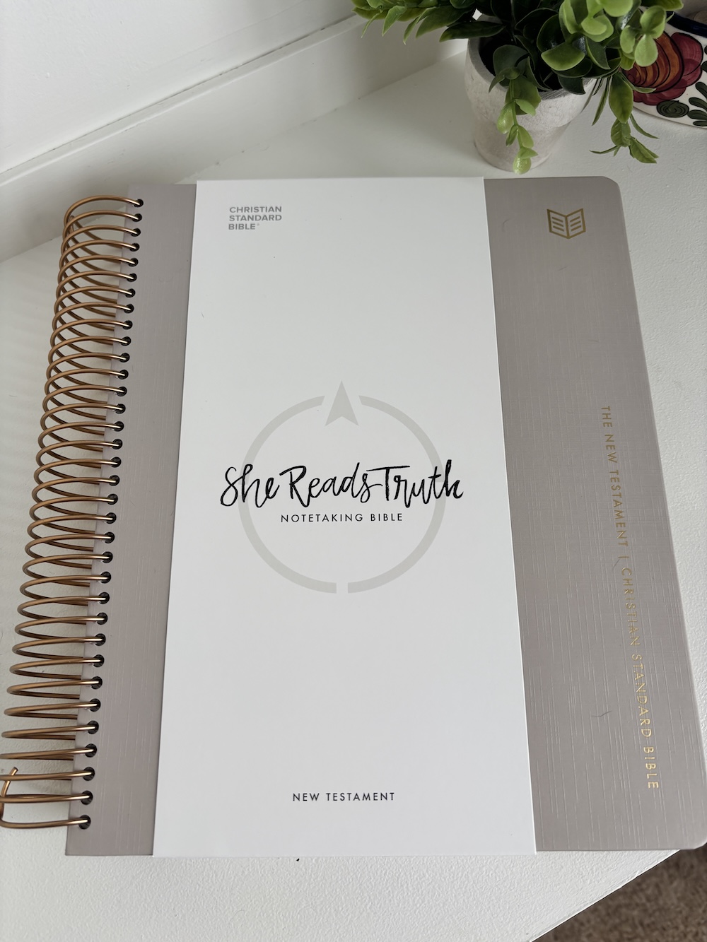 A sand-colored spiral-bound "New Testament" volume of the She Reads Truth Notetaking Bible sitting on a white desk.