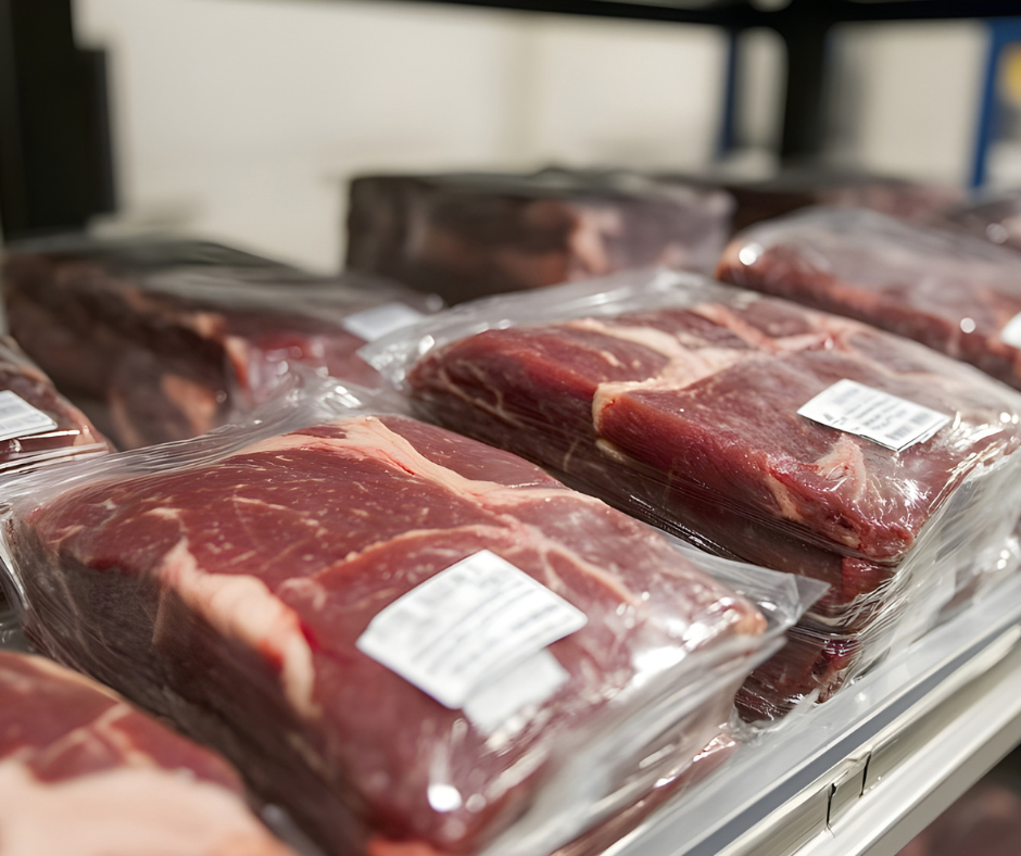 Close-up of vacuum-sealed large cuts of raw beef stacked on metal refrigerator shelves.