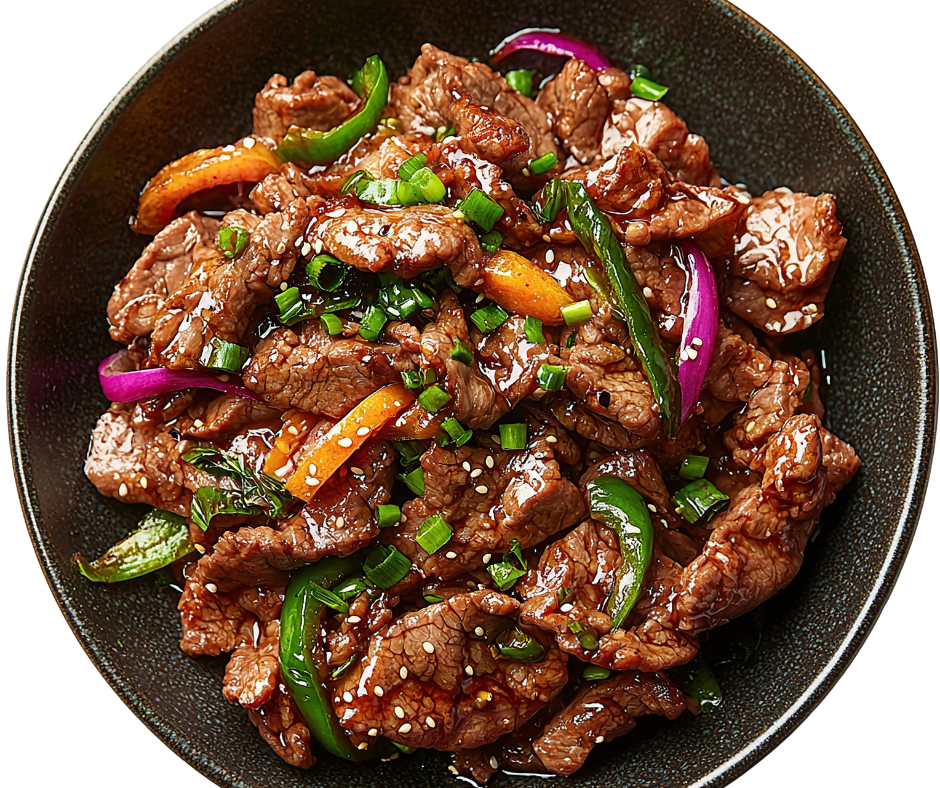 A top-down view of a beef stir-fry with green peppers, red onions, and sesame seeds in a dark ceramic bowl.