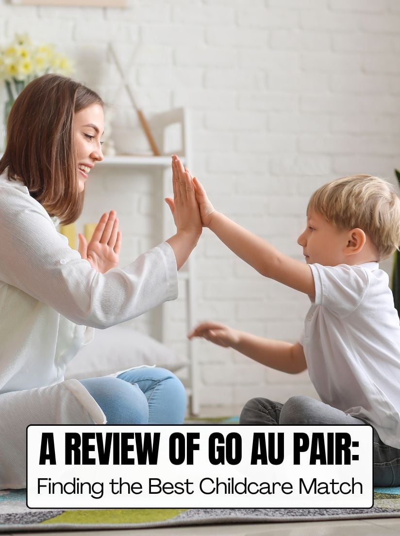 A Review of Go Au Pair: Finding the Best Childcare Match title text overlaying a smiling au pair and young boy giving a high five.