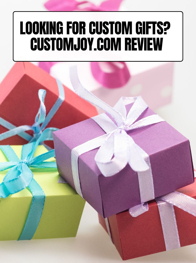 A stack of colorful gift boxes in purple, green, and red with white and blue ribbons; text overlay reads: Looking for custom gifts? CustomJoy.com Review.