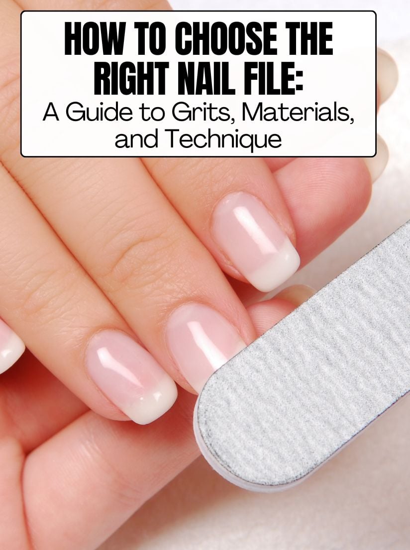 A close-up of a manicured hand with neutral polish being filed, featuring the title "How to Choose the Right Nail File: A Guide to Grits, Materials, and Technique."