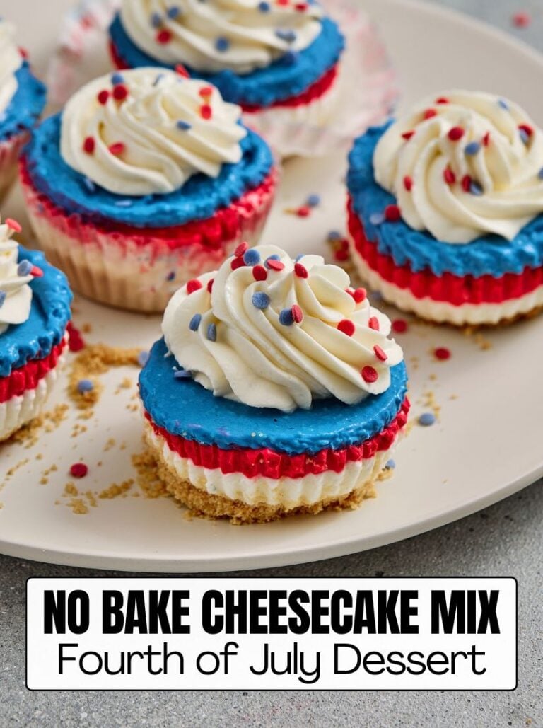 Individual layered red, white, and blue patriotic mini cheesecakes topped with whipped cream and sprinkles, featuring a text overlay that reads No Bake Cheesecake Mix Fourth of July Dessert.