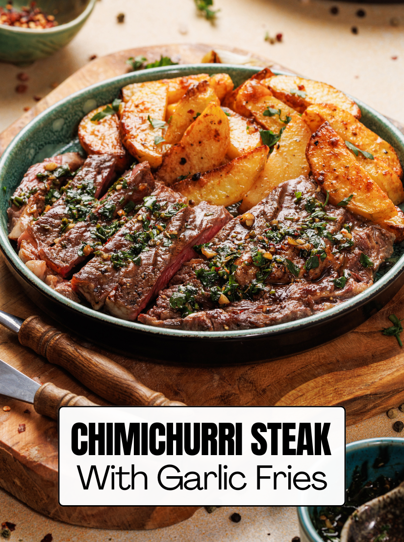 Plated chimichurri steak and garlic fries with a text overlay title on a wooden serving board.